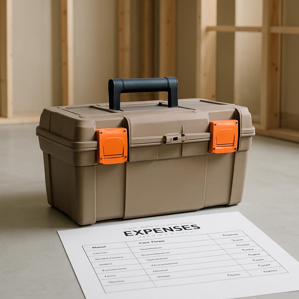 A beige plastic tool box sits atop a concrete floor, positioned slightly right of center in the image. An orange and black...