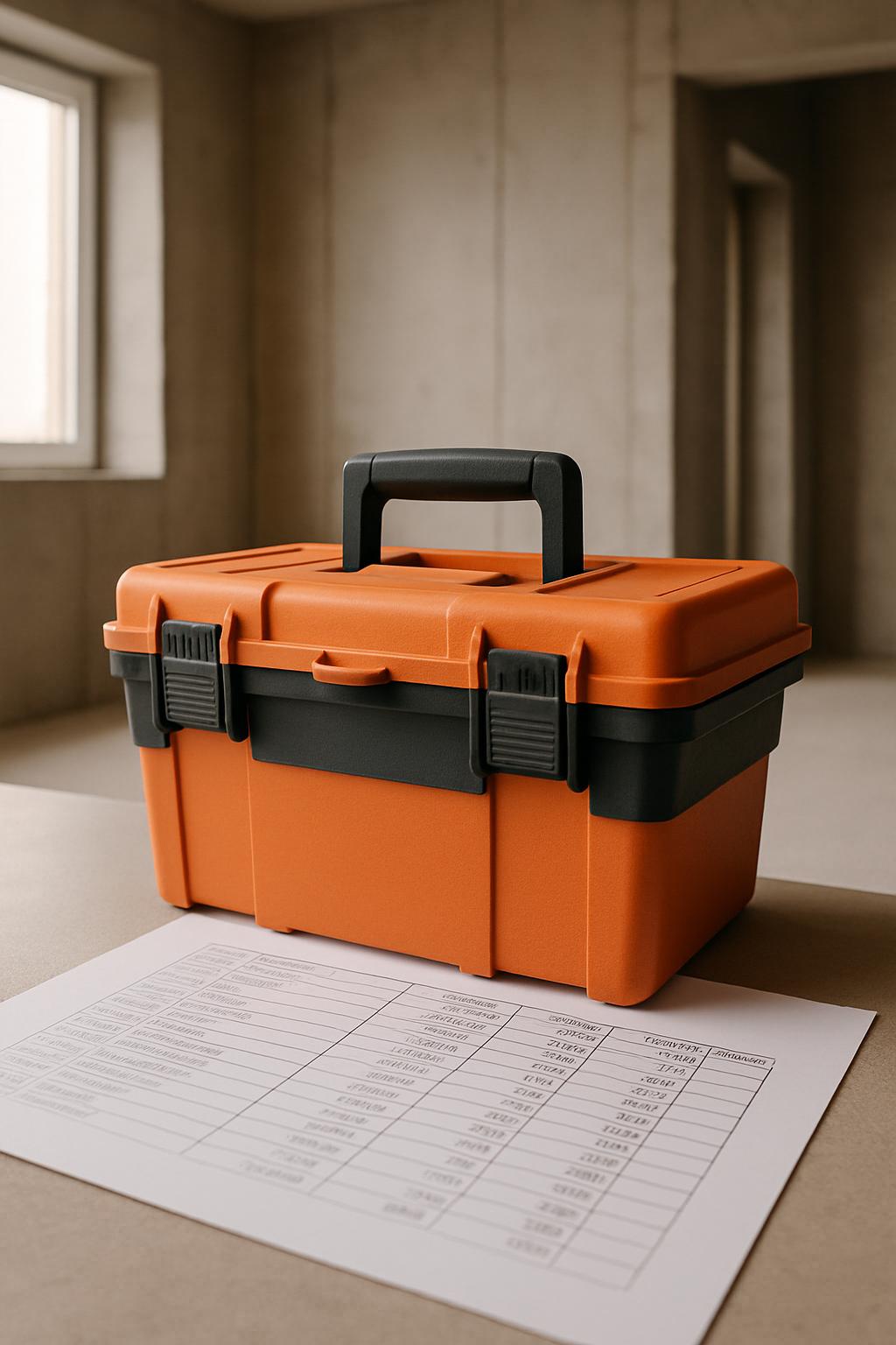 A robust orange and black toolbox rests on a blueprint in a room with a window, walls, and open doorway in the background.