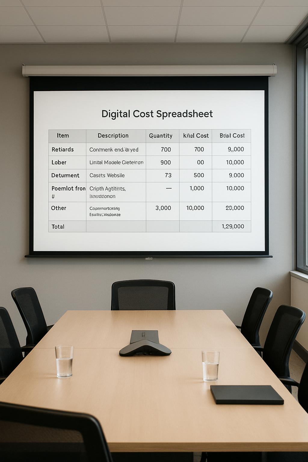 Table projected onto conference room wall that outlines respective items, their quantity, cost and total cost.