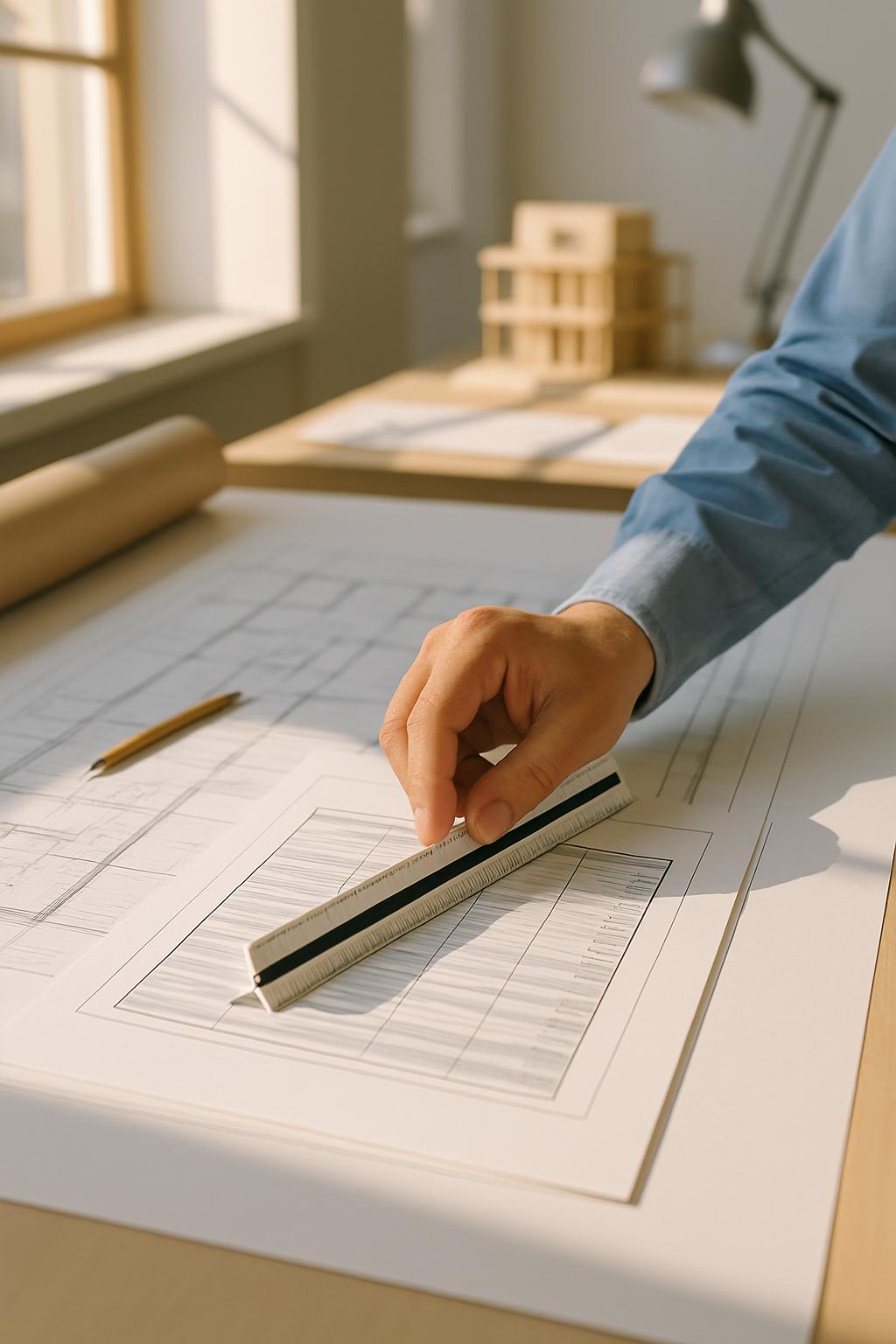An individual measures architectural blueprints next to a desk lamp in an office.