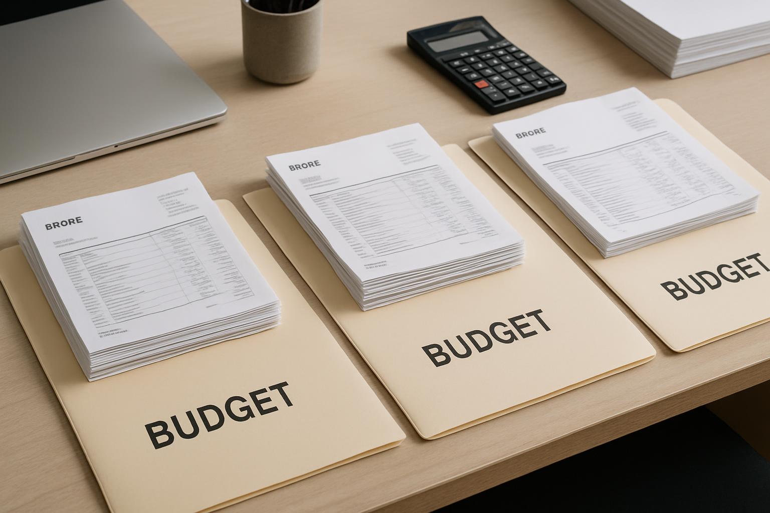 Three folders on a desk are labelled "BUDGET." All images of this nature must feature alt text to improve accessibility fo...