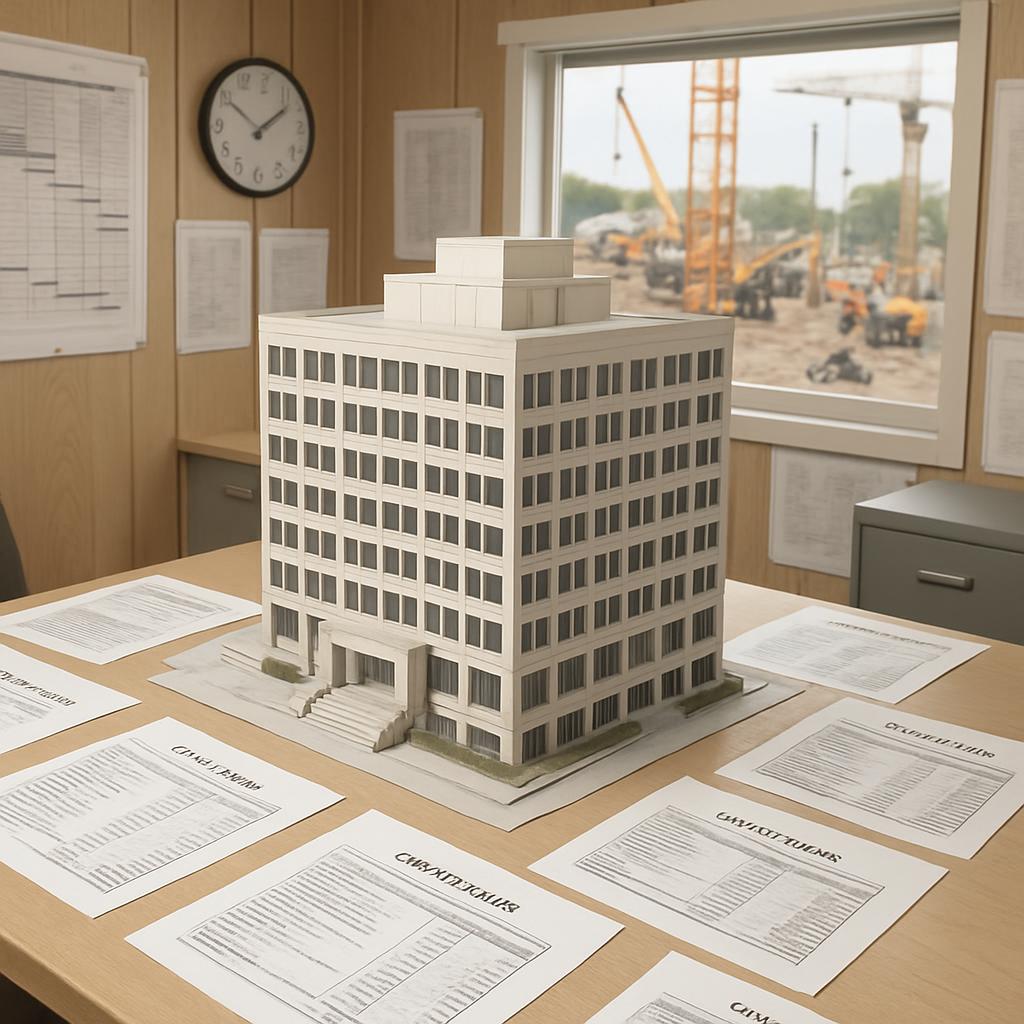 A model building sitting on a table in an office with a crane out the window.