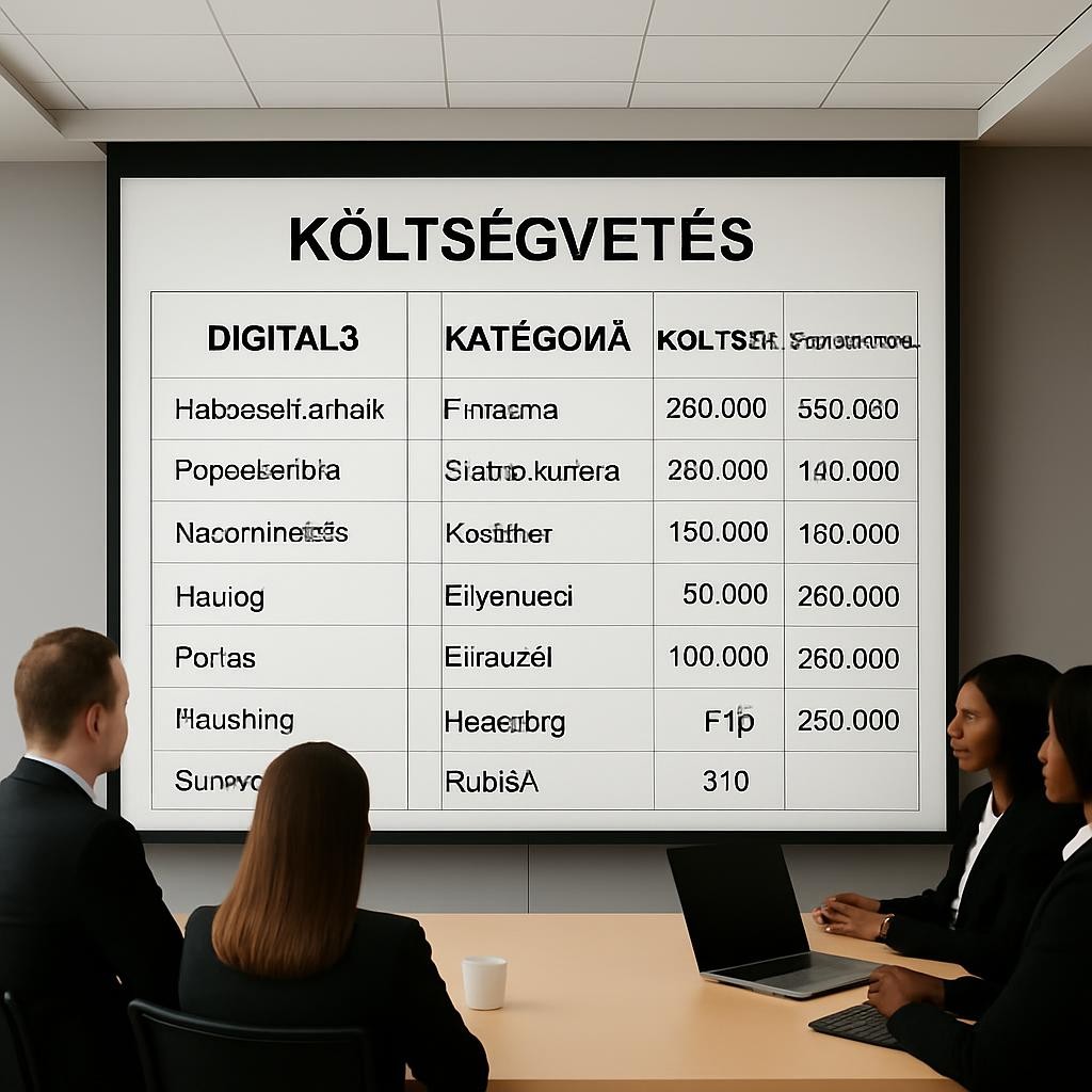 Edit the image so that the word 'Költségvetés' appears at the top of the image. Keep the style and subject of the image the same, and retain all other Hungarian text if present.